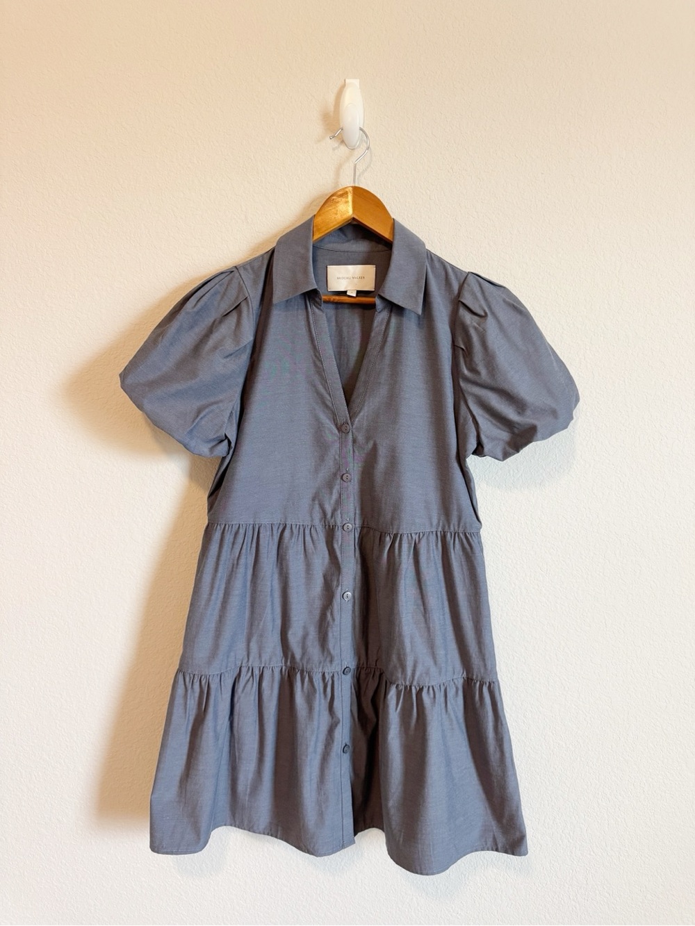 Brochu Walker Washed Slate Blue The Havana Mini Tiered Puff Sleeve Dress Size S